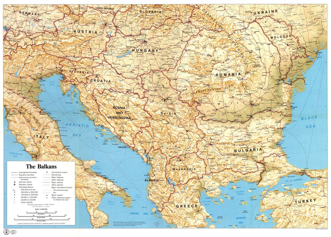 Large scale political map of the Balkans with relief, marks of cities, roads, railroads, seaports, airports, names of countries and other marks - 1993